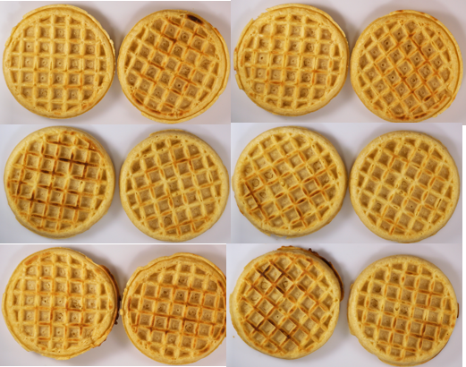 Waffles that were tested in a Primaira prototype fast-cooking toaster.